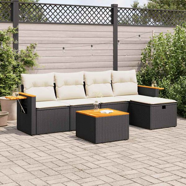 vidaXL 6-tlg. Garten-Sofagarnitur mit Kissen Schwarz Poly Rattan