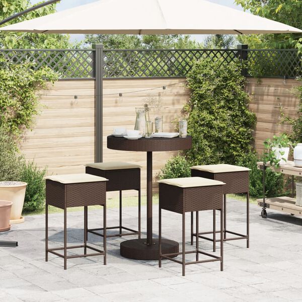 vidaXL 5-tlg. Gartenbar-Set mit Kissen Braun Poly Rattan