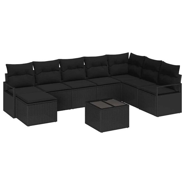 vidaXL Sofa Set mit Kissen mit Speicher 9 pcs Schwarz Poly-Rattan