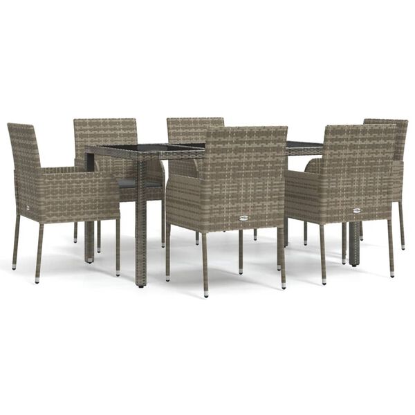 vidaXL 7-tlg. Garten-Essgruppe mit Kissen Grau Poly Rattan