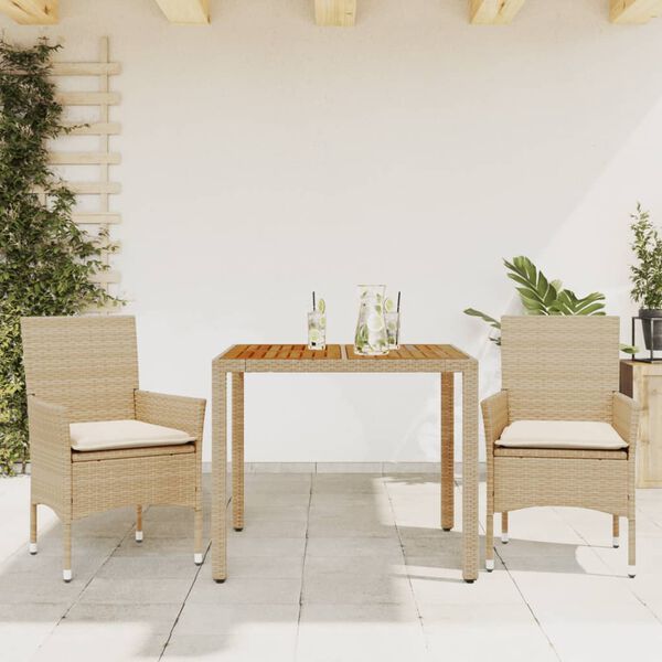 vidaXL 3-tlg. Garten-Essgruppe mit Kissen Beige Poly Rattan Akazie