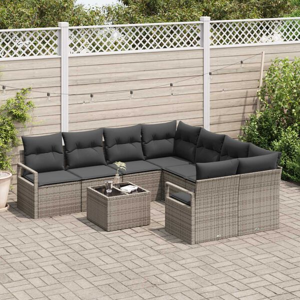 vidaXL Sofa Set mit Kissen mit Speicher 9 pcs Grau Poly-Rattan