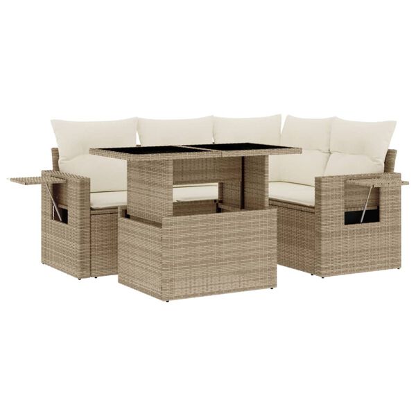 vidaXL 5-tlg. Garten-Sofagarnitur mit Kissen Beige Poly Rattan