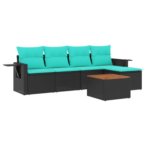 vidaXL 6-teiliges Gartensofa-Set mit Kissen, schwarzes Polyrattan