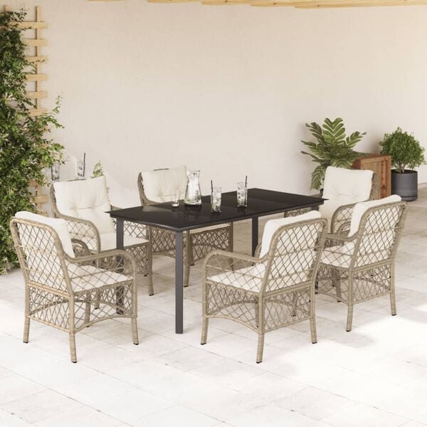 vidaXL 7-tlg. Garten-Essgruppe mit Kissen Beige Poly Rattan
