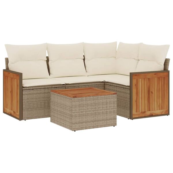 vidaXL 5-tlg. Garten-Sofagarnitur mit Kissen Beige Poly Rattan