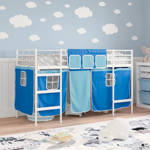 vidaXL Kinder Loft Bettgestell mit Vorh&auml;ngen Wei&szlig; und Blau 75 x 190 cm