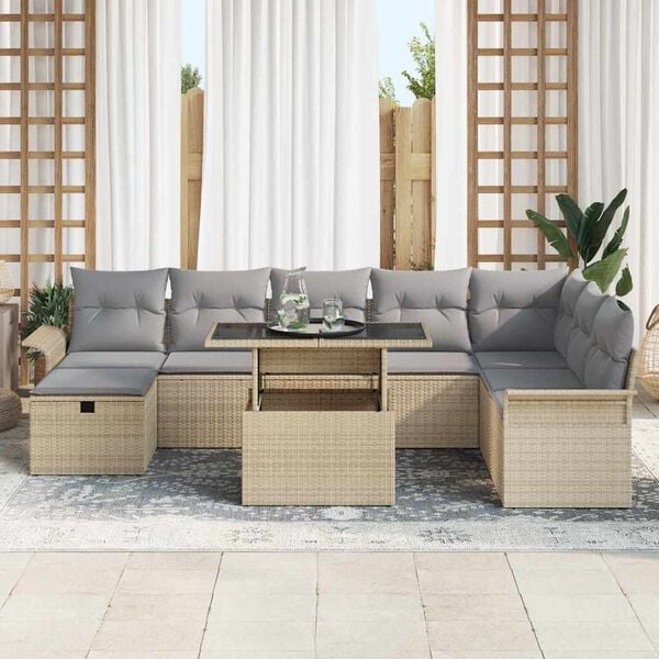 vidaXL Garten-Sofa-Set mit Kissen mit Speicher 9 pcs Beige Poly Rattan