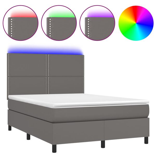 vidaXL Boxspringbett mit Matratze & LED Grau 140x190 cm Kunstleder