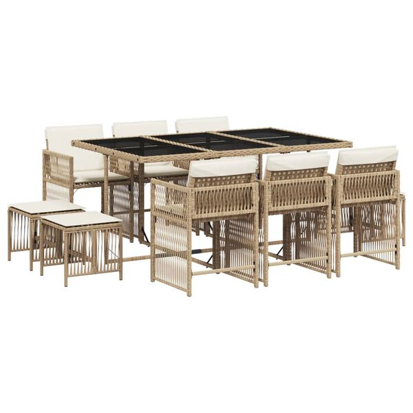 vidaXL 11-tlg. Garten-Essgruppe mit Kissen Beige Poly Rattan