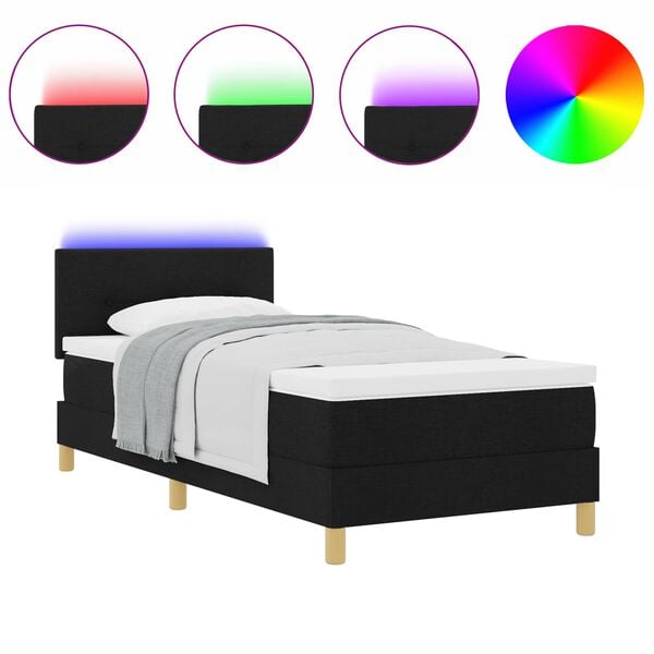 vidaXL LED Boxspringbett mit Matratze Schwarz 90 x 200 cm Stoff