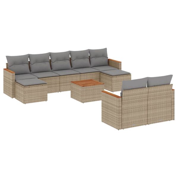 vidaXL 10-tlg. Garten-Sofagarnitur mit Kissen Beige Poly Rattan