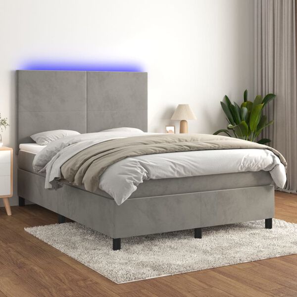 vidaXL Boxspringbett mit Matratze & LED Hellgrau 140x190 cm Samt