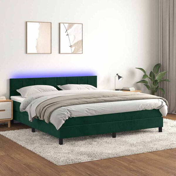 vidaXL Boxspringbett mit Matratze & LED Dunkelgr&uuml;n 180x200 cm Samt