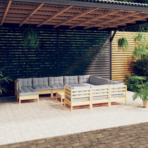 vidaXL 12-tlg. Garten-Lounge-Set mit Grauen Kissen Kiefernholz