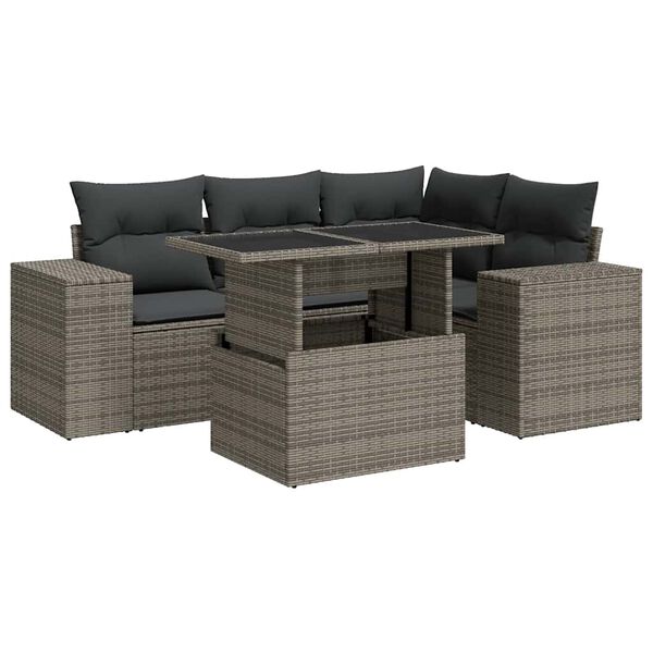 vidaXL 5-tlg. Garten-Sofagarnitur mit Kissen Grau Poly Rattan