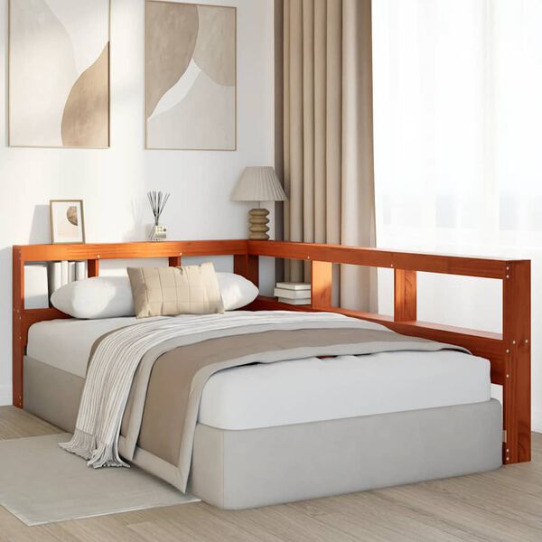 vidaXL Kopfteil mit B&uuml;cherregal L-Form Wachsbraun 120 cm Massivholz