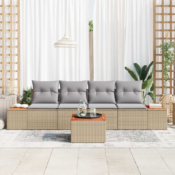 vidaXL Garten-Sofa-Set mit Kissen mit Speicher 5 pcs Beige Poly Rattan