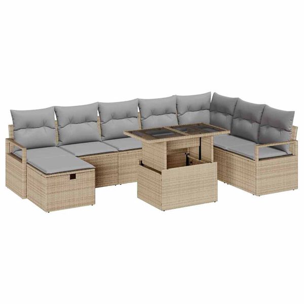 vidaXL Garten-Sofa-Set mit Kissen mit Speicher 9 pcs Beige Poly Rattan