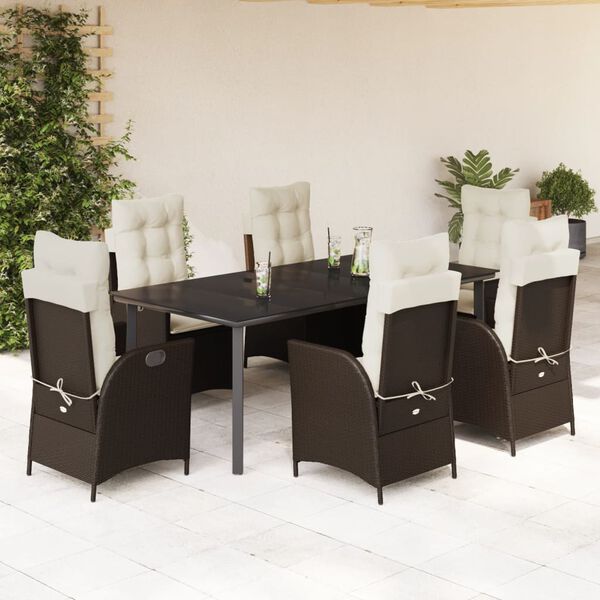 vidaXL 7-tlg. Garten-Essgruppe mit Kissen Braun Poly Rattan