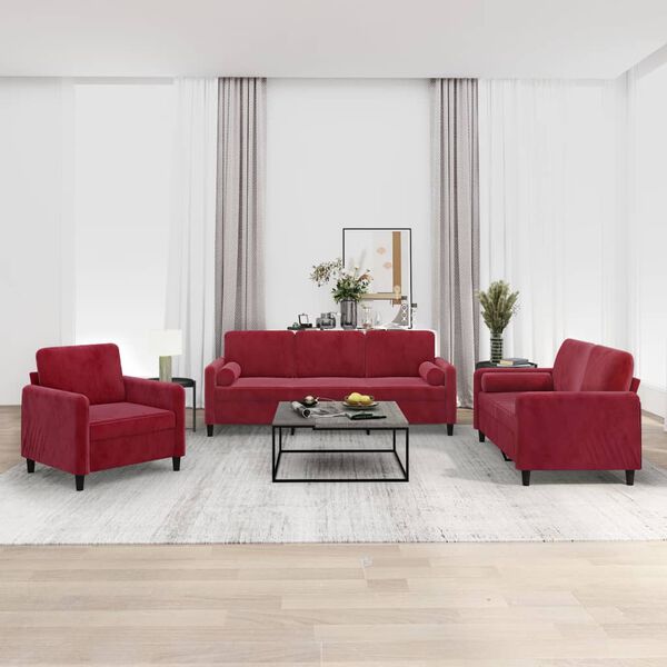 vidaXL 3-tlg. Sofagarnitur mit Kissen Weinrot Samt