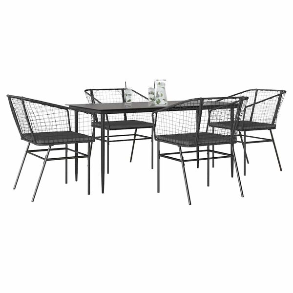 vidaXL 5-tlg. Garten-Essgruppe mit Kissen Schwarz Poly Rattan Glas