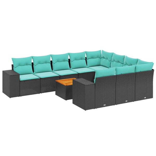 vidaXL 11-teiliges Gartensofa-Set mit Kissen, schwarzes Polyrattan