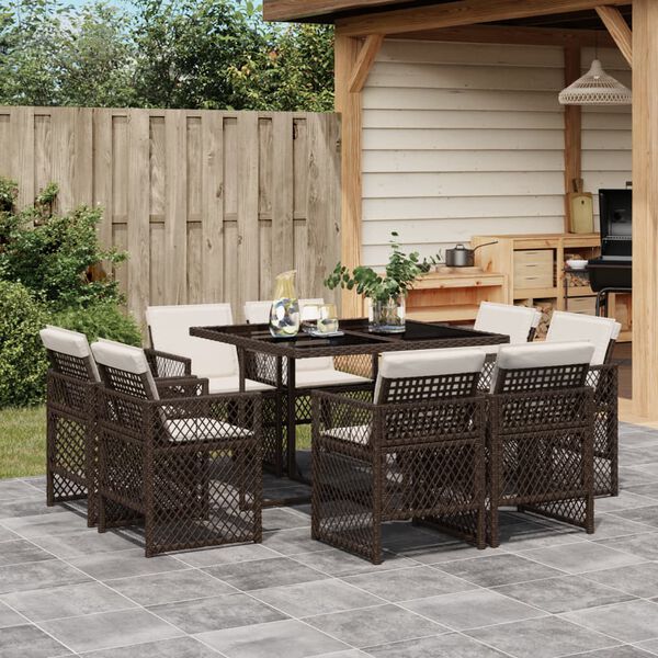 vidaXL 9-tlg. Garten-Essgruppe mit Kissen Braun Poly Rattan