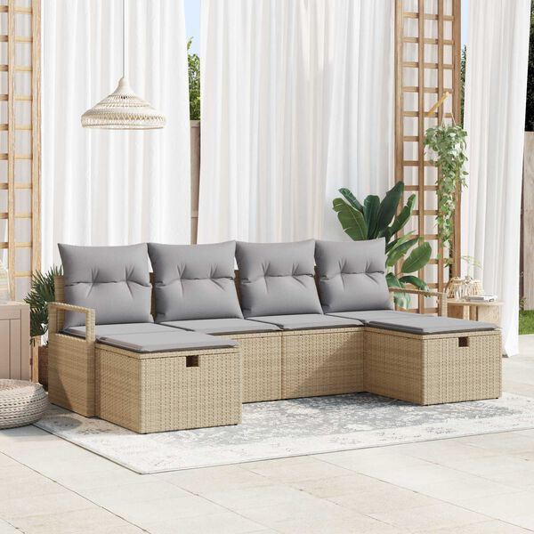 vidaXL Garten-Sofa-Set mit Kissen mit Speicher 6 pcs Beige Poly Rattan