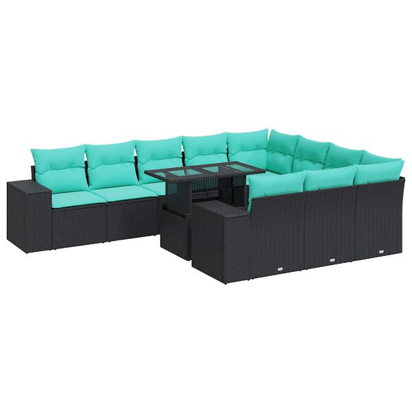 vidaXL 11-tlg. Garten-Sofagarnitur mit Kissen Schwarz Poly Rattan