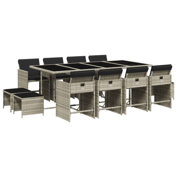 vidaXL 13-tlg. Garten-Essgruppe mit Kissen Hellgrau Poly Rattan