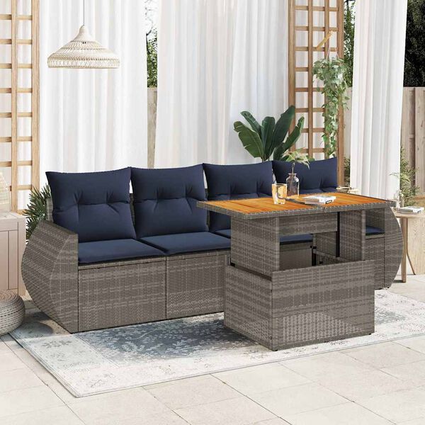 vidaXL 5-tlg. Garten-Sofagarnitur mit Kissen Grau Poly Rattan