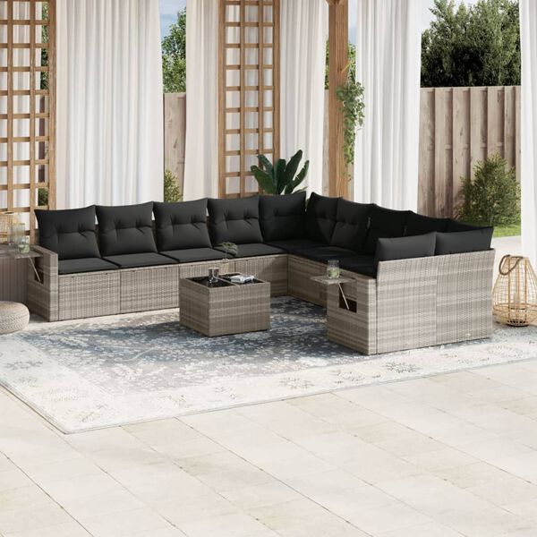 vidaXL 11-tlg. Garten-Sofagarnitur mit Kissen Hellgrau Poly Rattan