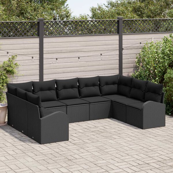 vidaXL Garten-Sofa-Set mit Kissen 9 pcs Schwarz Poly Rattan