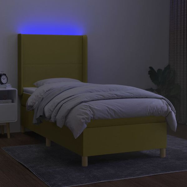 vidaXL Boxspringbett mit Matratze & LED Gr&uuml;n 90x190 cm Stoff