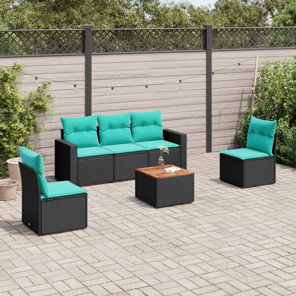 vidaXL 6-tlg. Garten-Sofagarnitur mit Kissen Schwarz Poly Rattan