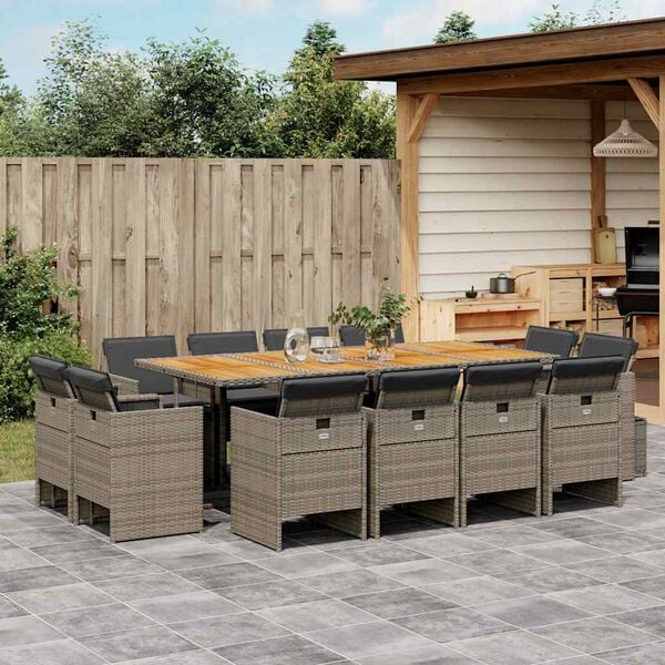 vidaXL 13-tlg. Garten-Essgruppe mit Kissen Grau Poly Rattan
