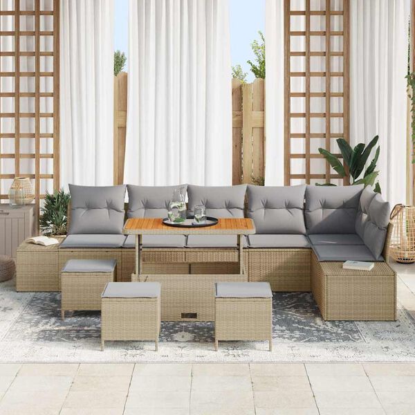 vidaXL Gartensofa-set mit Kissen mit Speicher 10 pcs Beige Poly Rattan