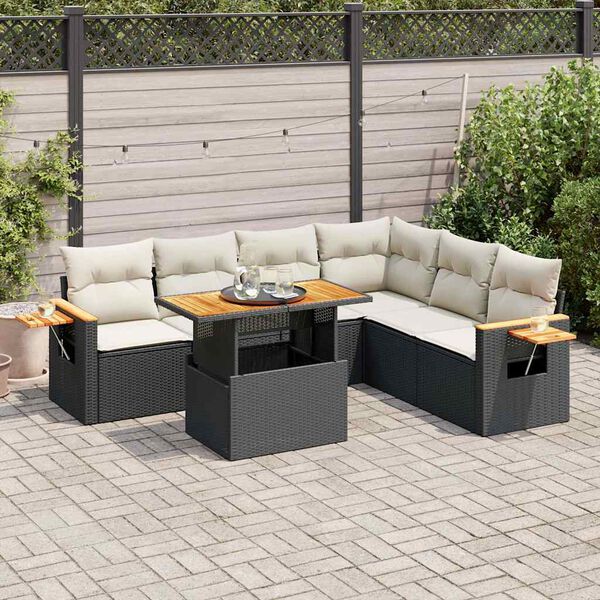 vidaXL 7-tlg. Garten-Sofagarnitur mit Kissen Schwarz Poly Rattan