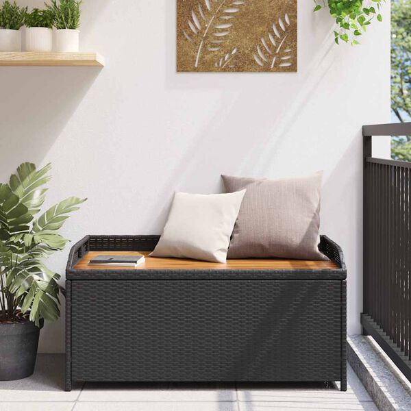 vidaXL Bank mit Stauraum Schwarz 100x50x52 cm Poly Rattan Akazienholz