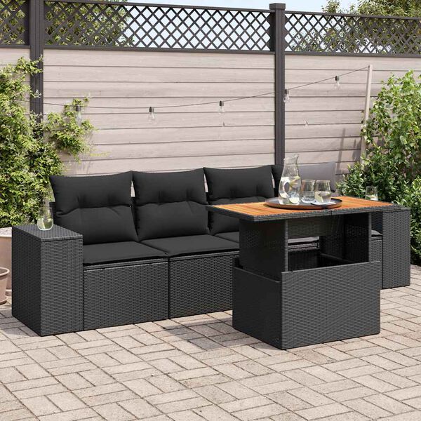 vidaXL 5-tlg. Garten-Sofagarnitur mit Kissen Schwarz Poly Rattan