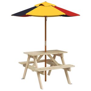 vidaXL Picknicktisch f&uuml;r 4 Kinder mit Sonnenschirm Massivholz Tanne