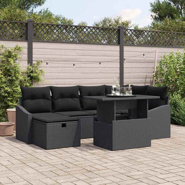 vidaXL Garten-Sofa-Set mit Kissen 7 pcs Schwarz Poly Rattan