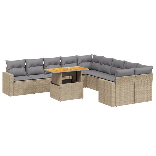 vidaXL 11-tlg. Garten-Sofagarnitur mit Kissen Beige Poly Rattan