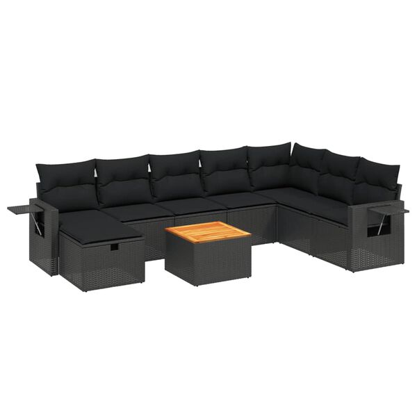 vidaXL 9-tlg. Garten-Sofagarnitur mit Kissen Schwarz Poly Rattan