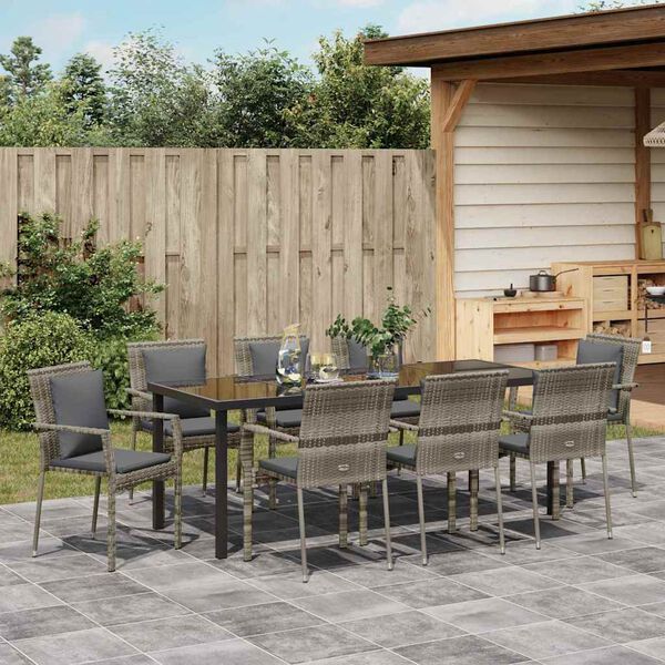 vidaXL Garten Essgruppe mit Kissen 9 pcs Grau Poly-Rattan