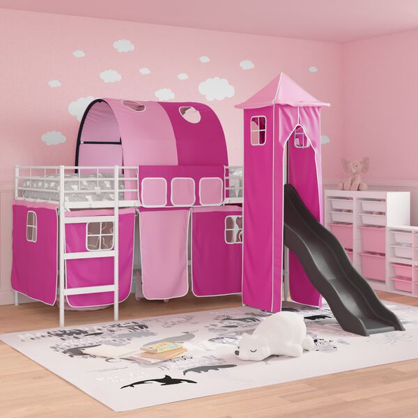 vidaXL Kinderloftbett Wei&szlig; und Rosa 99,5 x 200 cm Metall