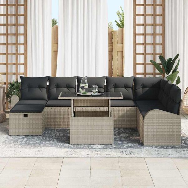 vidaXL Garten-Sofa-Set mit Kissen 9 pcs Hellgrau Poly Rattan