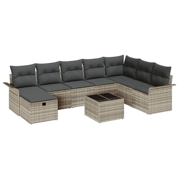vidaXL Garten-Sofa-Set mit Kissen 9 pcs Hellgrau Poly Rattan