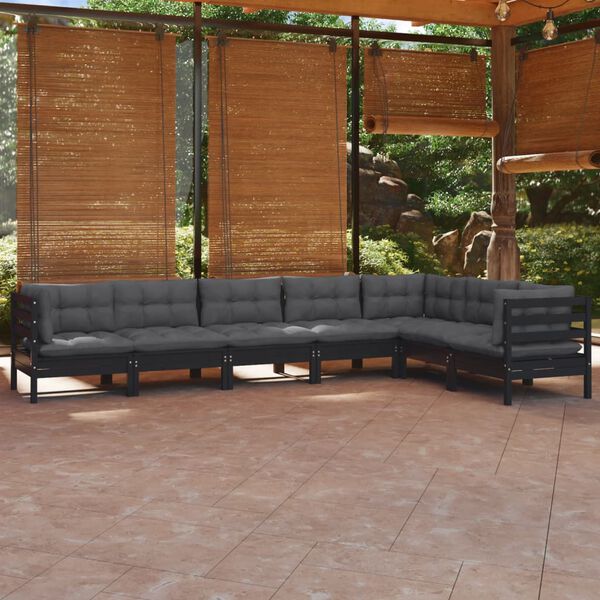 vidaXL 7-tlg. Garten-Lounge-Set mit Kissen Schwarz Kiefer Massivholz